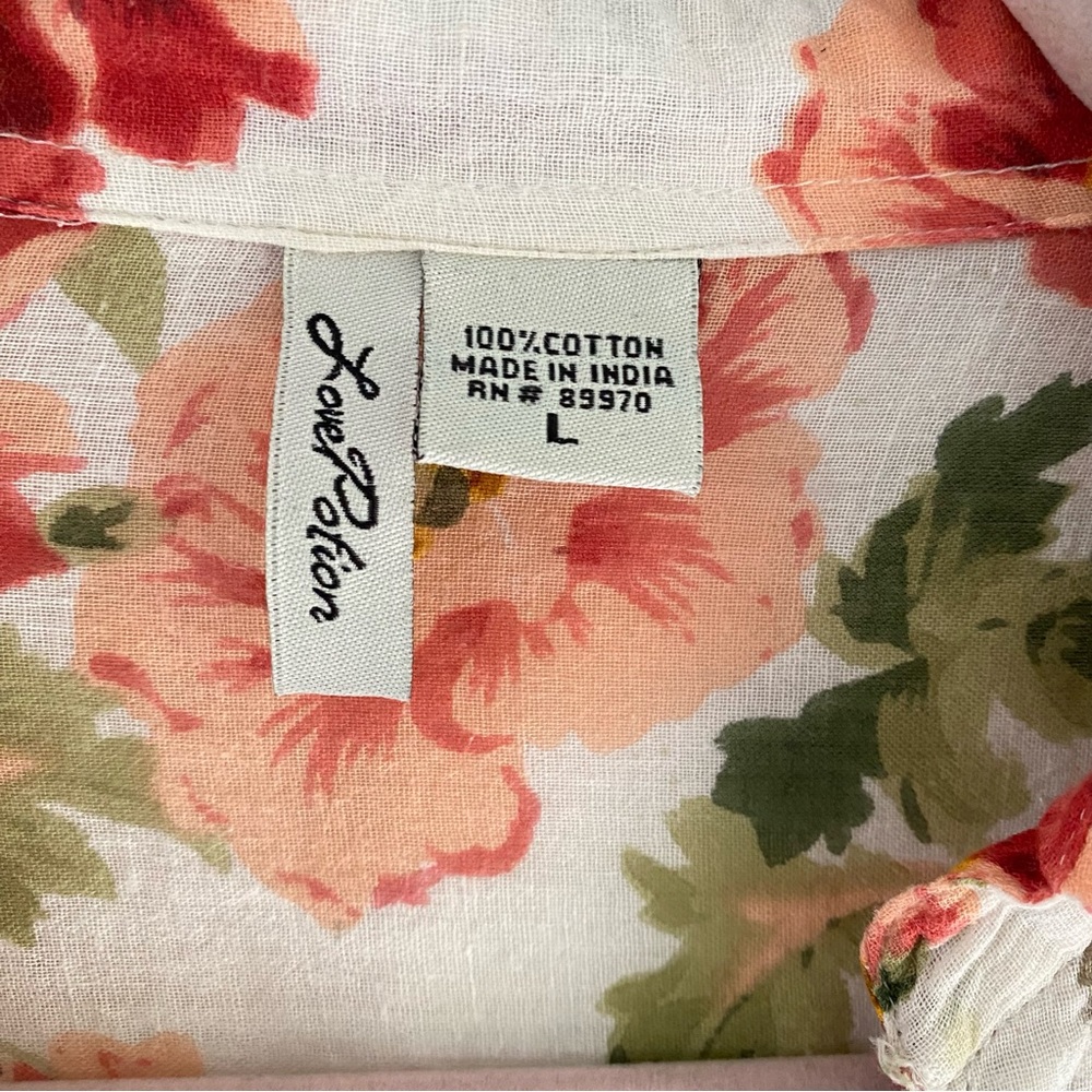 Love Potion Floral Lightweight Button-Up Blouse Fall Vibrant Coral Green Pintuck - Picture 3 of 8
